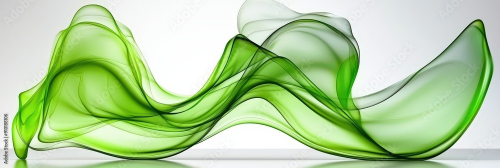 Poster Translucent green waves swirl gracefully, creating a sense of motion and fluidity in a light, airy setting