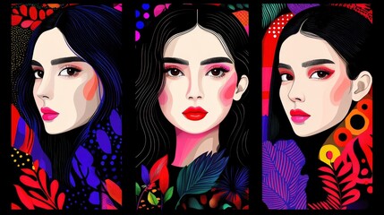 Obraz premium A vibrant representation of a woman with striking features, set against a backdrop of lush, colorful tropical foliage
