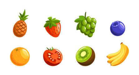 Cartoon Fruits Pineapple, Strawberry, Grape, Blueberry, Orange, Tomato, Kiwi, And Banana. Fun And Playful Vector Design