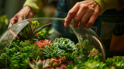 Gardener arranging succulents in a terrarium, modern and green