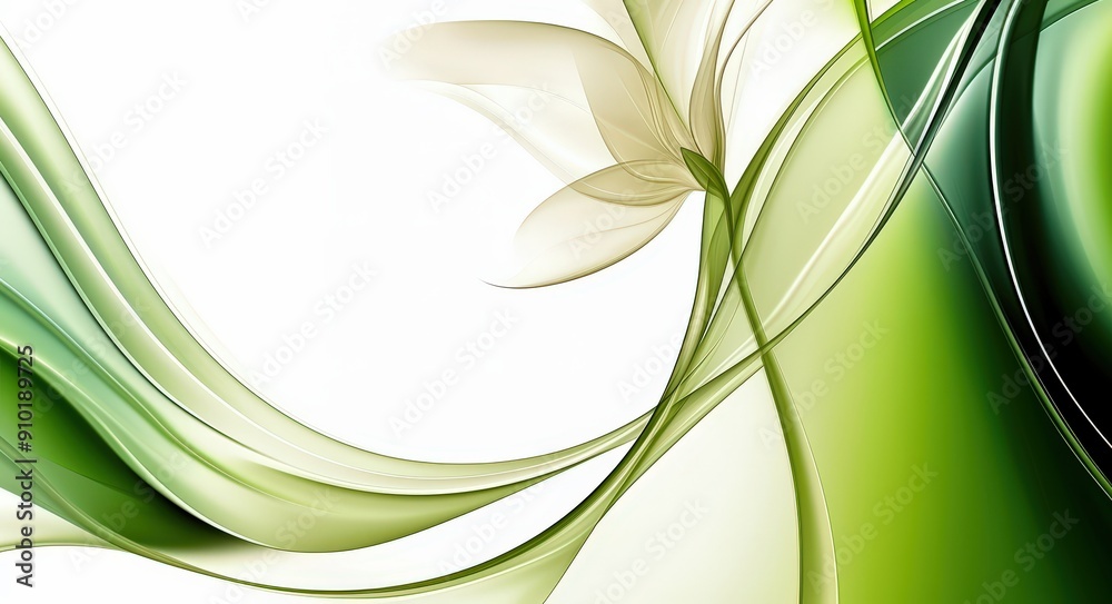 Poster Flowing patterns in green and white create an elegant design with subtle floral elements, perfect for contemporary art enthusiasts