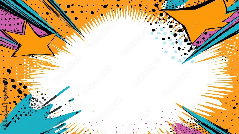 Poster a bright and dynamic comic-style backdrop with colorful stars and bursts, ideal for artistic project