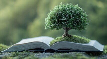 A 3D scene of an open book with a tree growing from its pages. The tree is adorned with letters and symbols from various languages, symbolizing the growth of knowledge through literacy. The