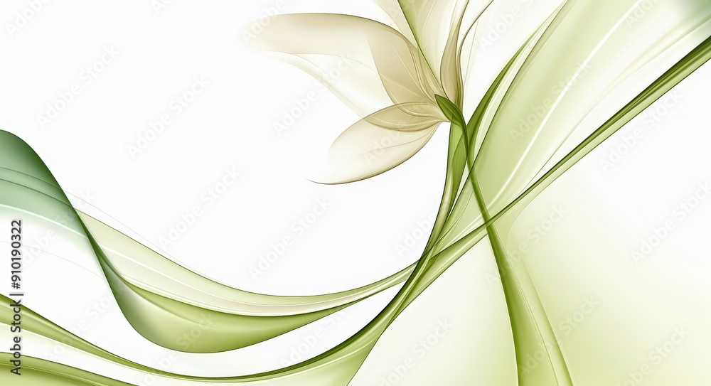 Poster delicate floral shapes blend with flowing lines in soothing green and cream hues, creating a tranqui