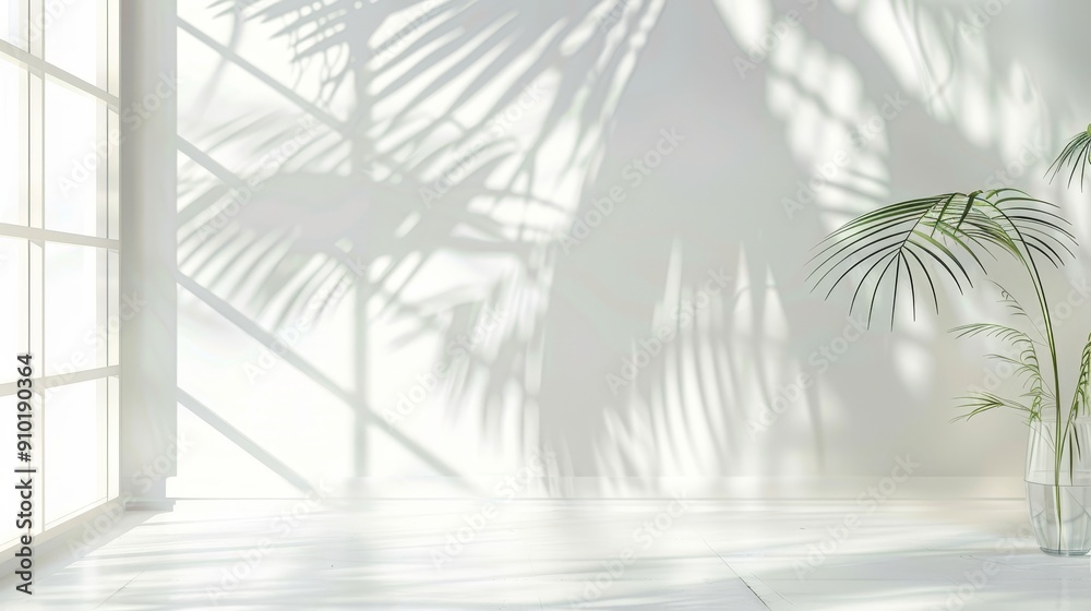 Poster abstract white studio background ideal for product presentation, featuring shadows from windows to c