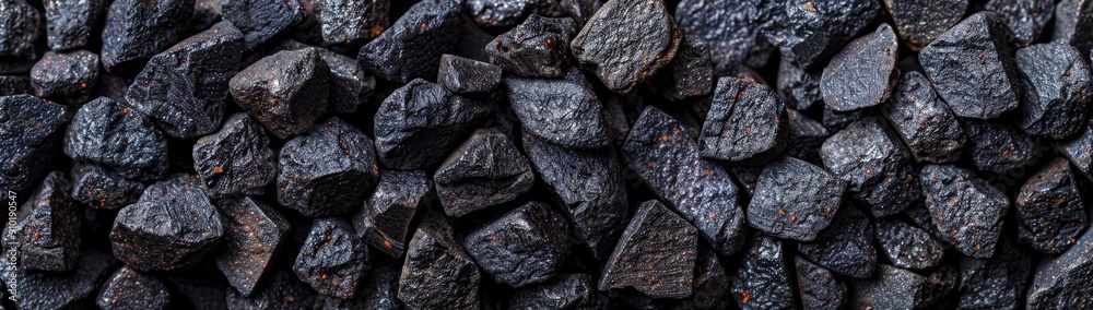 Poster small, irregularly shaped black coal rocks are tightly stacked together, creating a textured surface