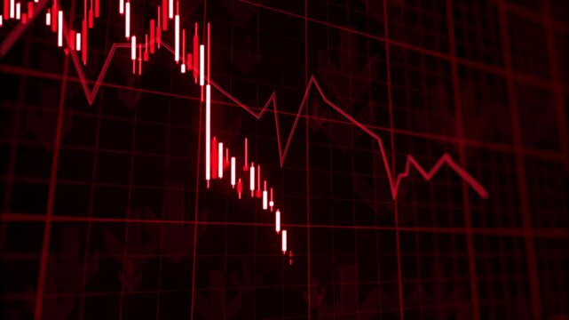 3D illustration of a bearish market with glow red trading candles and down arrows, vivid  glowing red background, financial loss and market decline. 4k image