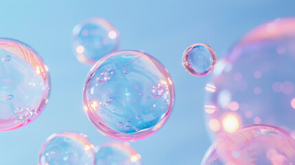 Dreamy chrome colorful soft bubbles floating in the air in the blue sky. Soap abstract spheres light blue color background. Liquid transparent texture