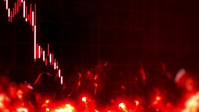 3D illustration of a bearish market with glow red trading candles and down arrows, vivid  glowing red background, financial loss and market decline. 4k image