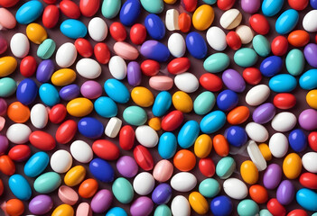 Obraz premium Multi-color medicines are spread on a wooden slab. 