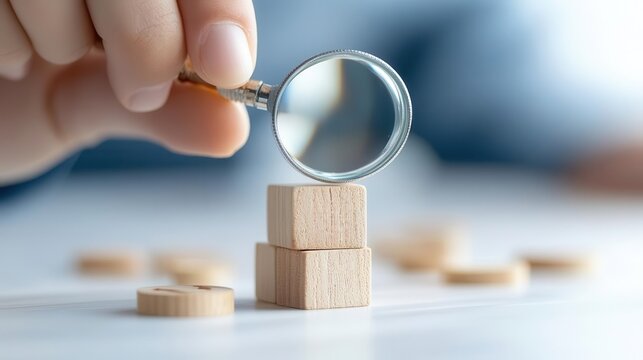 Hand holding magnifying glass over wooden blocks spelling 'RC' on a white surface.
