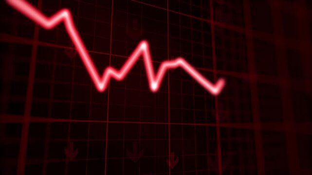 3D illustration of a bearish market with glow red trading candles and down arrows, vivid  glowing red background, financial loss and market decline. 4k image