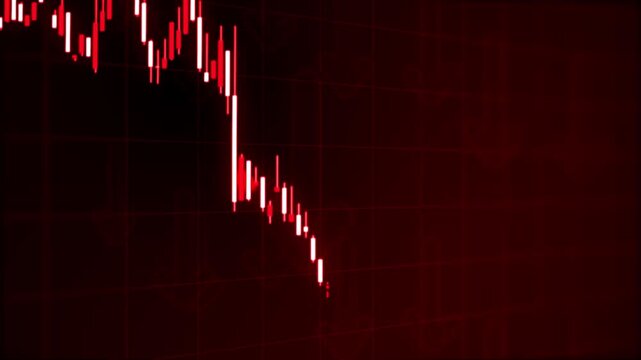 3D illustration of a bearish market with glow red trading candles and down arrows, vivid  glowing red background, financial loss and market decline. 4k image