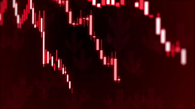 3D illustration of a bearish market with glow red trading candles and down arrows, vivid  glowing red background, financial loss and market decline. 4k image