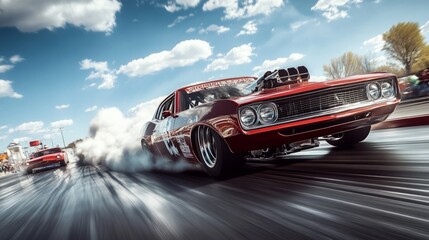 Two vintage muscle cars compete on the drag strip, leaving clouds of tire smoke against a clear blue sky.