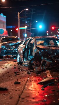 Night scene of a car accident on a wet road with damaged vehicles, shattered glass, and lights