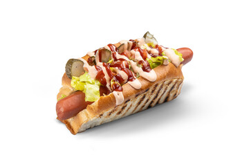 Hot dog with sausages and mustard on a white background.