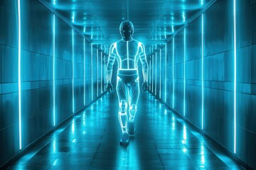 Advanced fitness robotics pushing human potential, integrating technology and performance optimization in a sleek, hightech environment