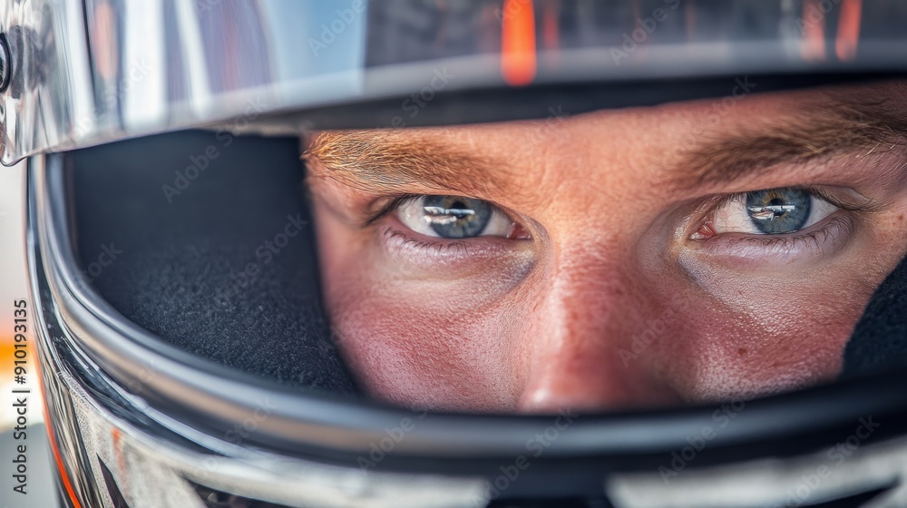 Poster a focused racer stares intently from behind a helmet, showcasing determination and concentration whi