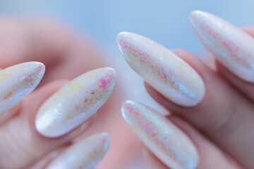 beautiful female hands with long nails light white manicure