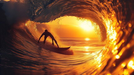 Surfer catching a wave at sunrise, peaceful and exhilarating