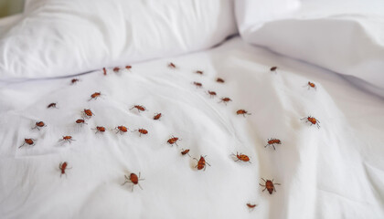 A white sheet bed in the hotel bedroom with Bedbug colony on its top, top view