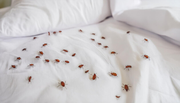 A white sheet bed in the hotel bedroom with Bedbug colony on its top, top view