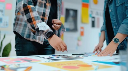 Obraz premium An art director collaborating with graphic designers to create branding materials for a new product launch.