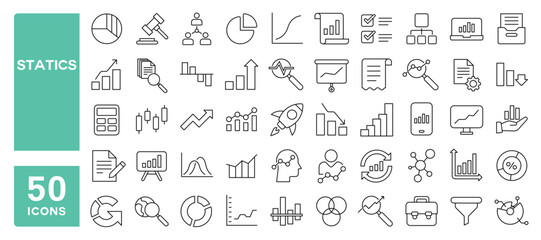 Set of 50 line icons related to statics, graph, chart, growth, data science, analytics, Editable stroke. Vector illustration