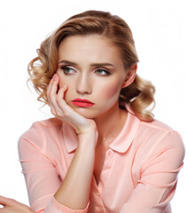 Fototapeta premium Girl in pink blouse thoughtful, emotions, white background