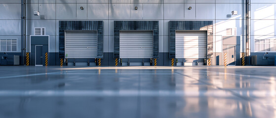 Obraz premium Empty Warehouse Loading Bay with Three Rollup Doors and Reflective Floor, Empty Warehouse Loading Bay with Three Rollup Doors and Reflecti