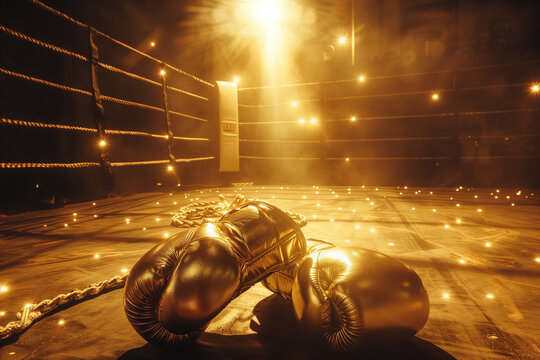 A dramatic and evocative image featuring a pair of golden boxing gloves lying in a boxing ring, illuminated by dramatic lighting and surrounded by a hazy, atmospheric background