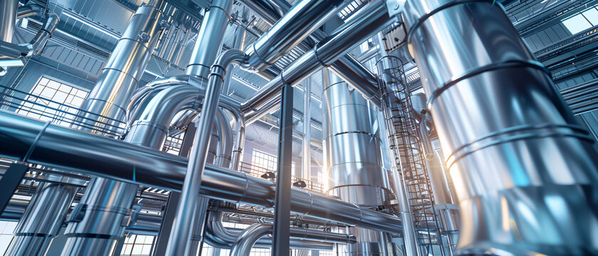 Industrial Piping System, Modern Manufacturing Facility, Complex Network of Steel Pipes, Complex