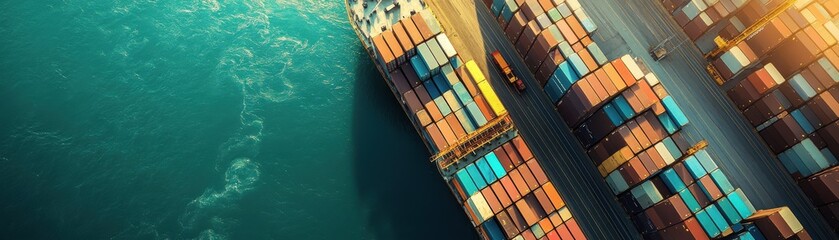 Aerial view of cargo containers on a ship, showcasing vibrant colors and structures against blue water. Ideal for shipping and logistics.