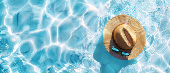 Summer Pool Hat and Sunglasses Floating in Crystal Clear Water
