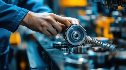 Obraz premium Close-up of a technician assembling gears and components in an industrial workshop, showcasing precision engineering and craftsmanship.