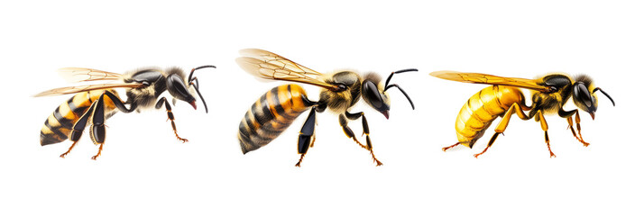 Collection of a flying bumblebee, bee and wasp isolated on a transparent background