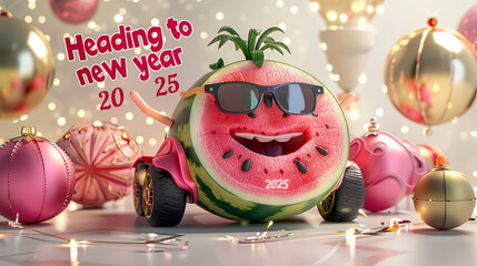 Funny watermelon character driving toy car celebrating new year 2025