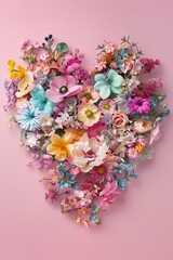 Colorful flower arrangement in heart shape on pink background.