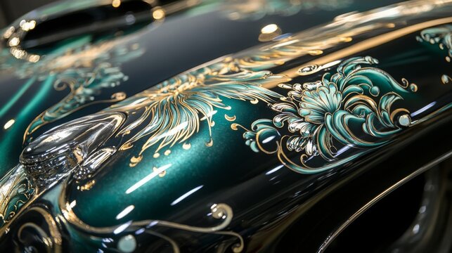 A sleek car features a stunning custom paint job with intricate designs and vibrant colors on its hood at an auto show.