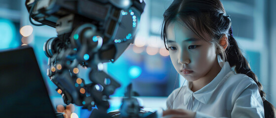 Young Girl Interacting with a Robot in a Technology Lab