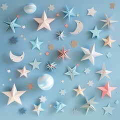 Paper stars and planets in a delicate cosmic design for festive decorations..