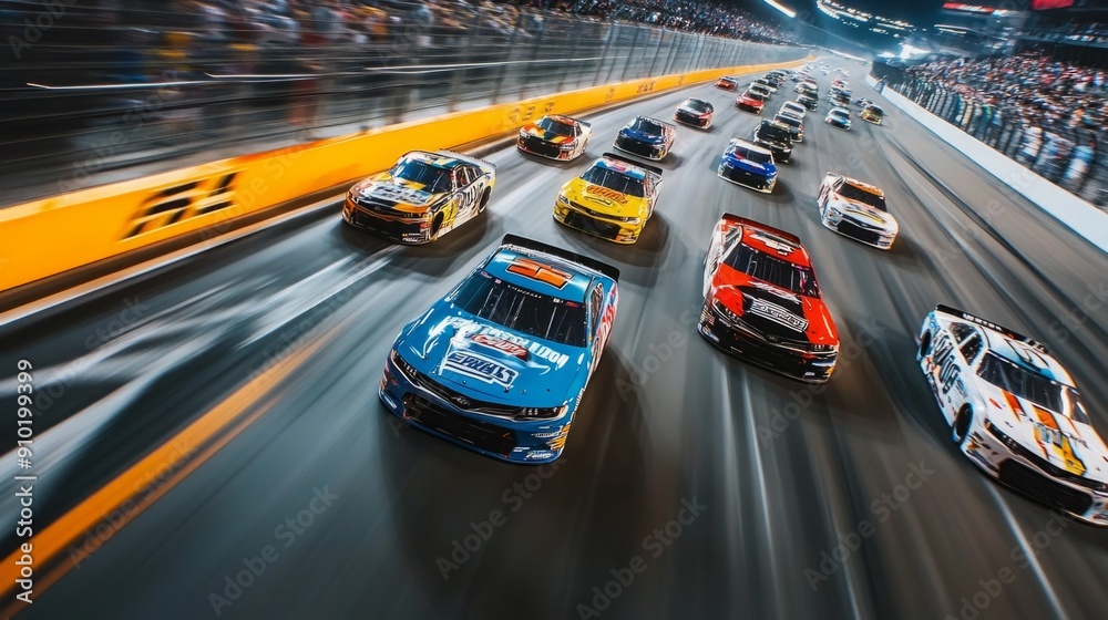 Aufkleber high-speed nascar cars compete closely on the illuminated daytona track under the night sky, creatin
