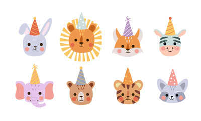 Children’s Animals Set Faces with Party Hats. Bunny, Lion, Bear, Fox, Zebra, Elephant, Bear, Tiger, Raccoon. Vector Illustration for Children's Birthday.