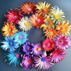A lively circular display of paper flowers, perfect for festive occasions..