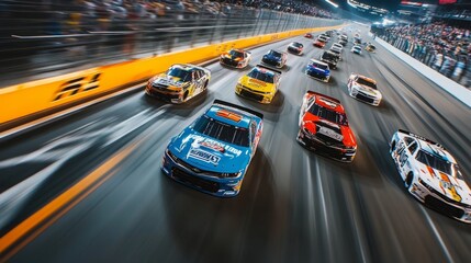 High-speed NASCAR cars compete closely on the illuminated Daytona track under the night sky, creating an exciting atmosphere for fans.