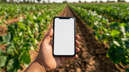 A person is holding a cell phone in a field of green plants