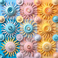 Delicate paper suns and moons arranged in a colorful alternating design for celebrations..