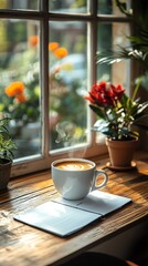 Fototapeta premium A cozy scene featuring a steaming cup of coffee on a wooden table by a sunny window, adorned with blooming plants and flowers.