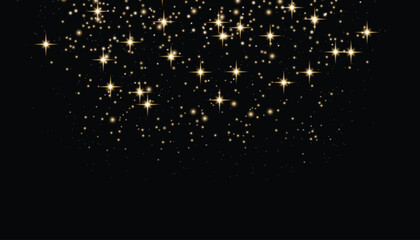 Flying particles of light. Golden dust particles decorative background. Abstract glowing glitters background. Christmas special light bokeh confetti effect. Stardust shine vector sparkle texture.